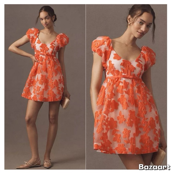 NWT By Anthropologie Puff-Sleeve Scoop-Neck Babydoll Mini Dress Sz L - Picture 2 of 14